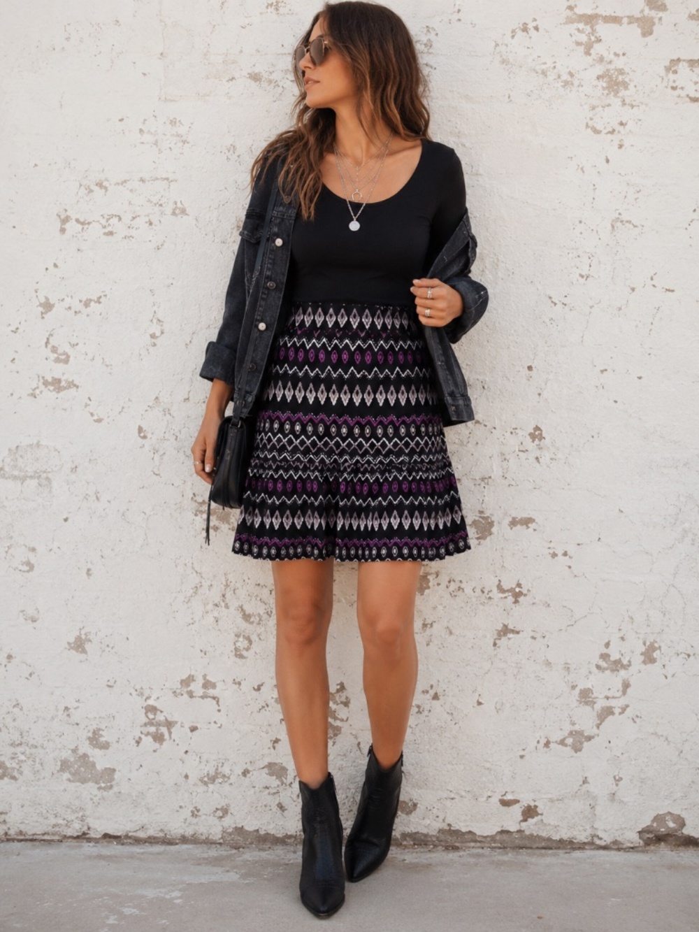 Esprit Whimsigoth Ikat Mini Skirt Black Purple Ruffle Hem Boho Festival Size M